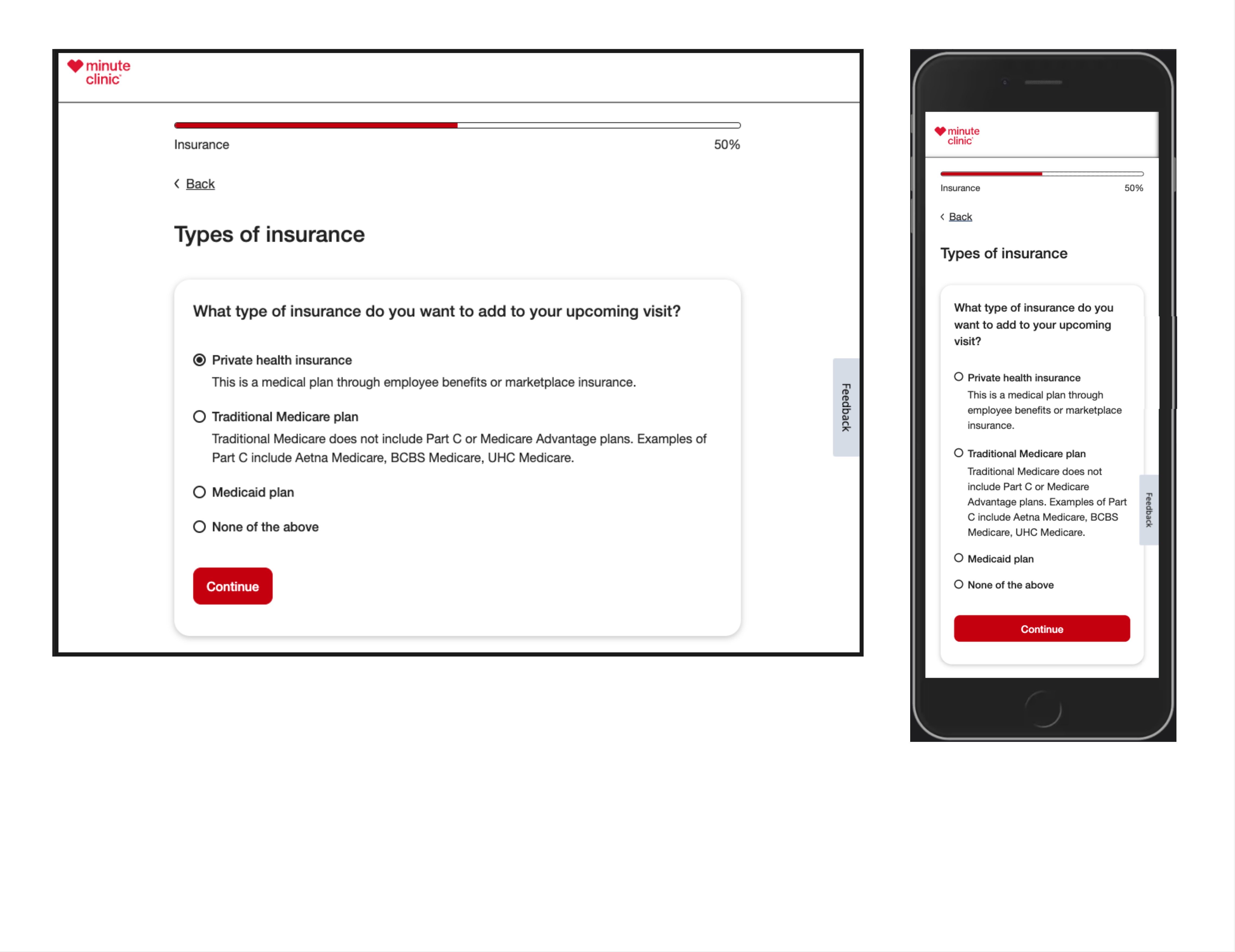 Select Insurance Type screen - Desktop and Mobile