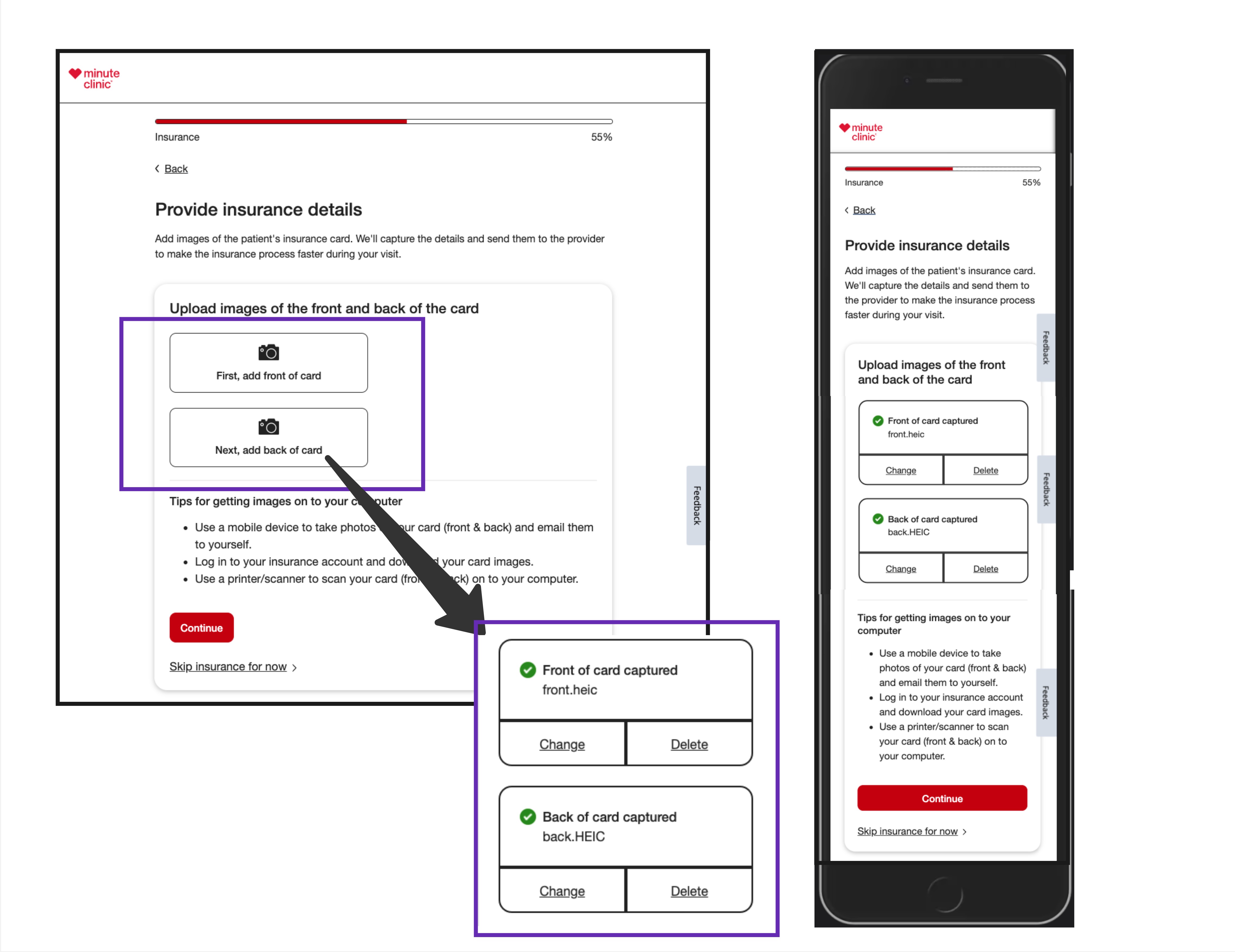 Screen with insurance card images selected - Desktop & Mobile