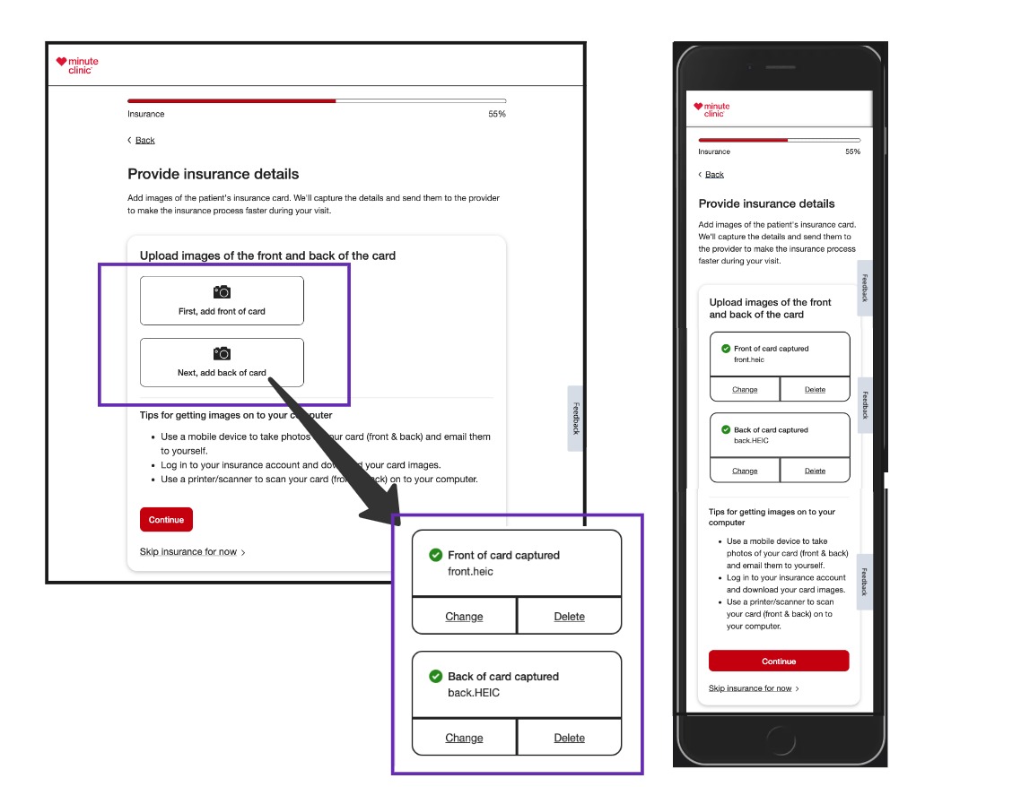 Screen with insurance card images selected - Desktop & Mobile