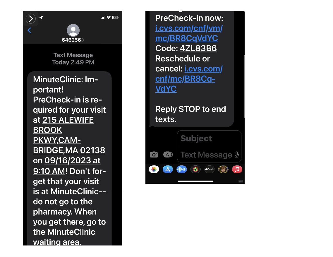 SMS Message, clinic location, time, instructions and the links for start the required preCheckin and Cancel visit