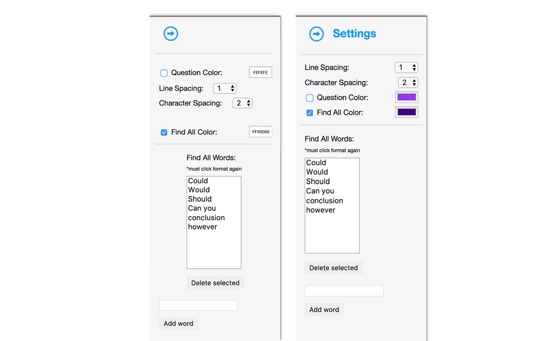 Visual advisement (1) Reoganize components into distinct groups (2) Color Highlight related options should not be hex values but should be a preview of the actual color and a color picker when selected (3) Components should be aligned vertically within the panel when possible.