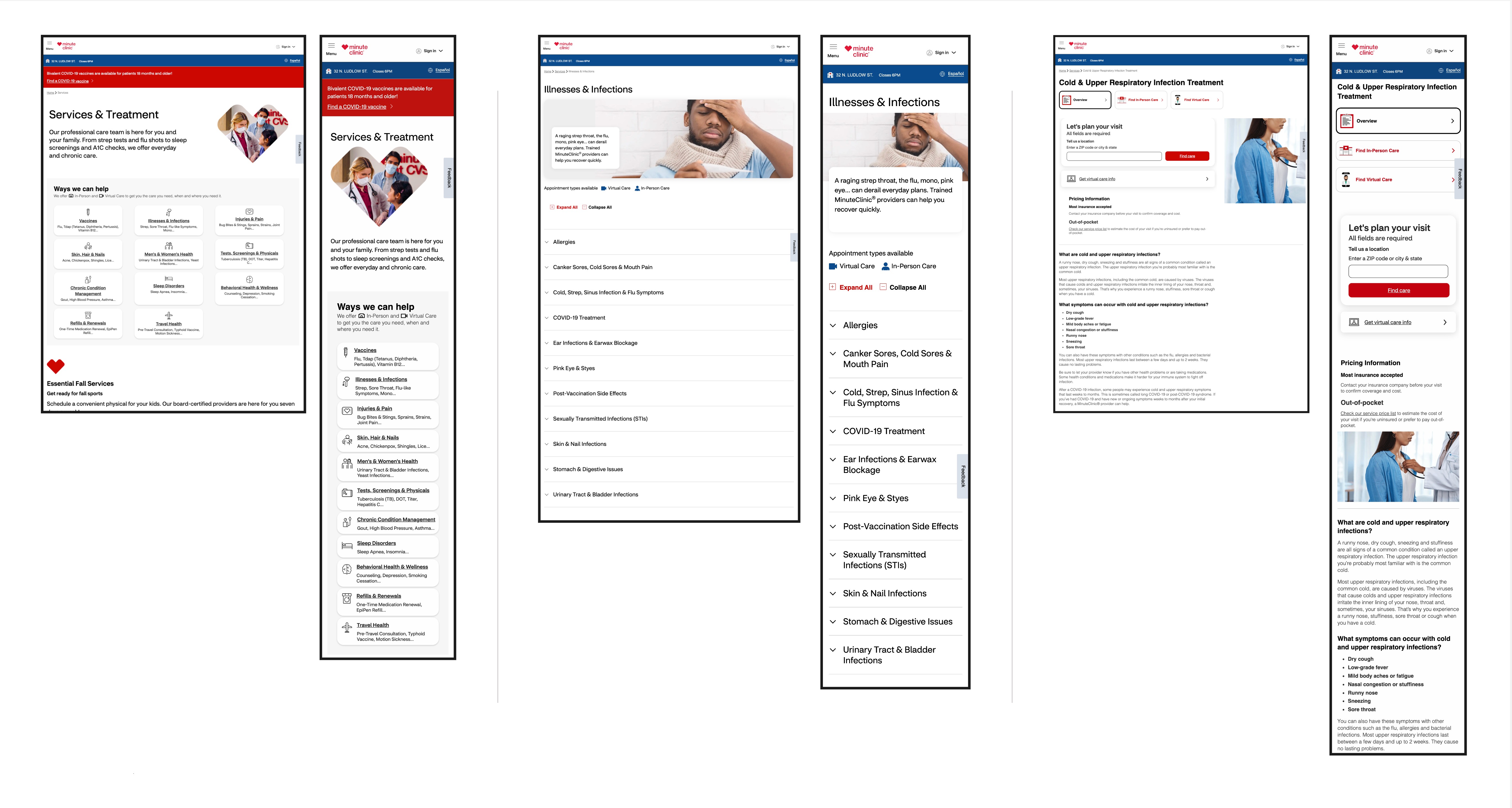 3 Clinical Services screens - Categories Summary Pages to Details on Services (Desktop & Mobile)