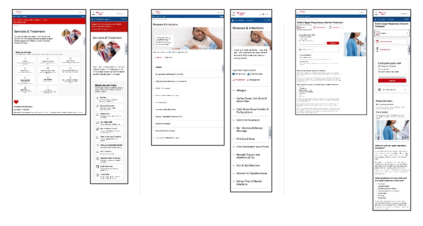 3 Clinical Services screens - Categories Summary Pages to Details on Services (Desktop & Mobile)