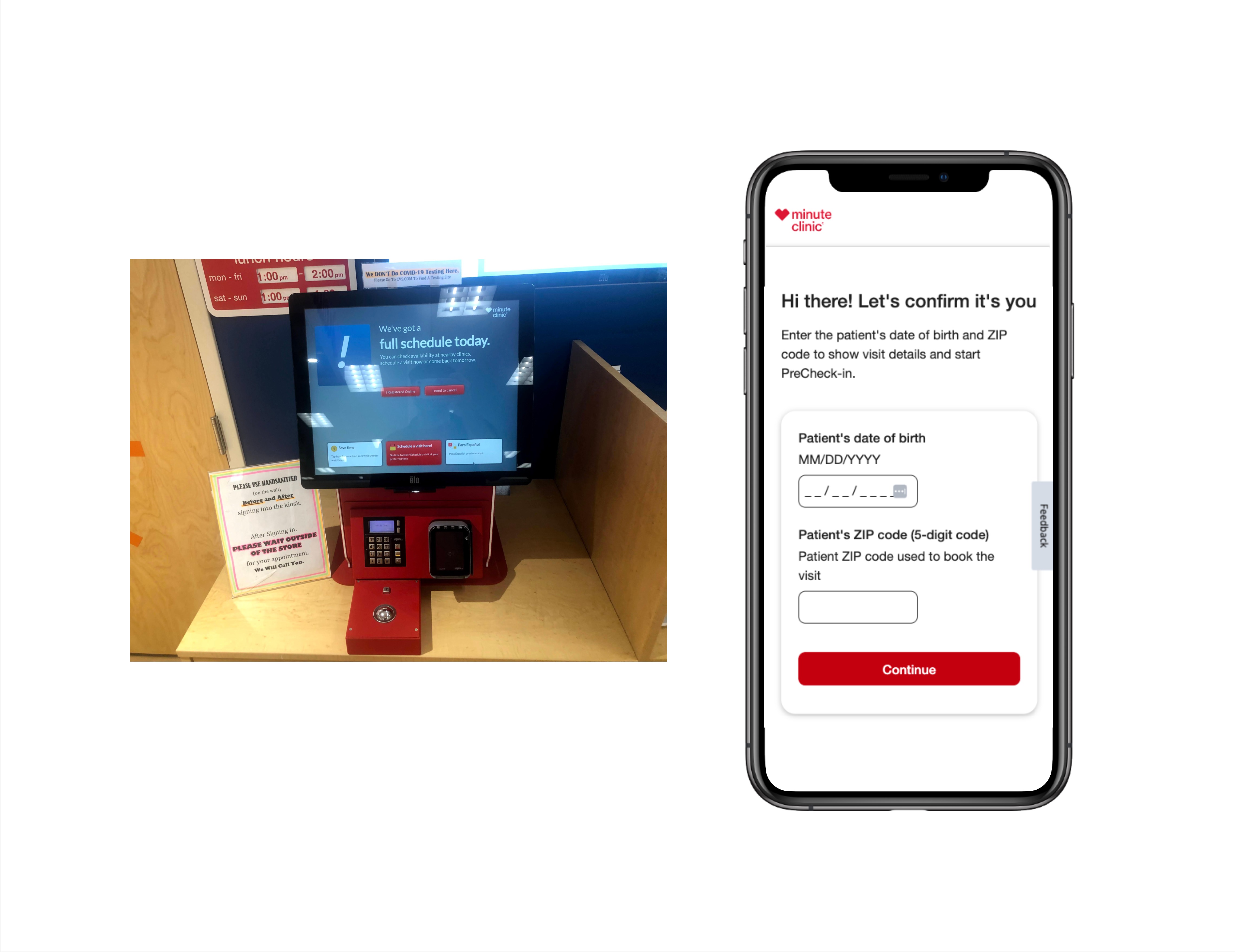 Minute Clinic in-store Kiosk and Visit Manager authentication Screen on mobile