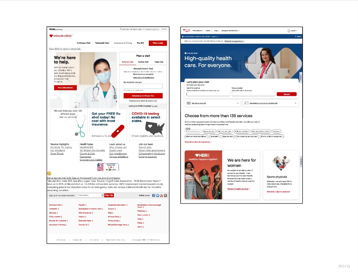 old Homepage with one input form find a clinic and only high-level info about services and Redesign includes two input form to find a clinic or service and also all 11 service type categories